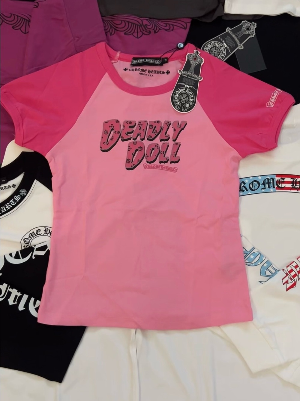 Chrome Hearts Pink Raglan 'Deadly Doll' Kids Tee